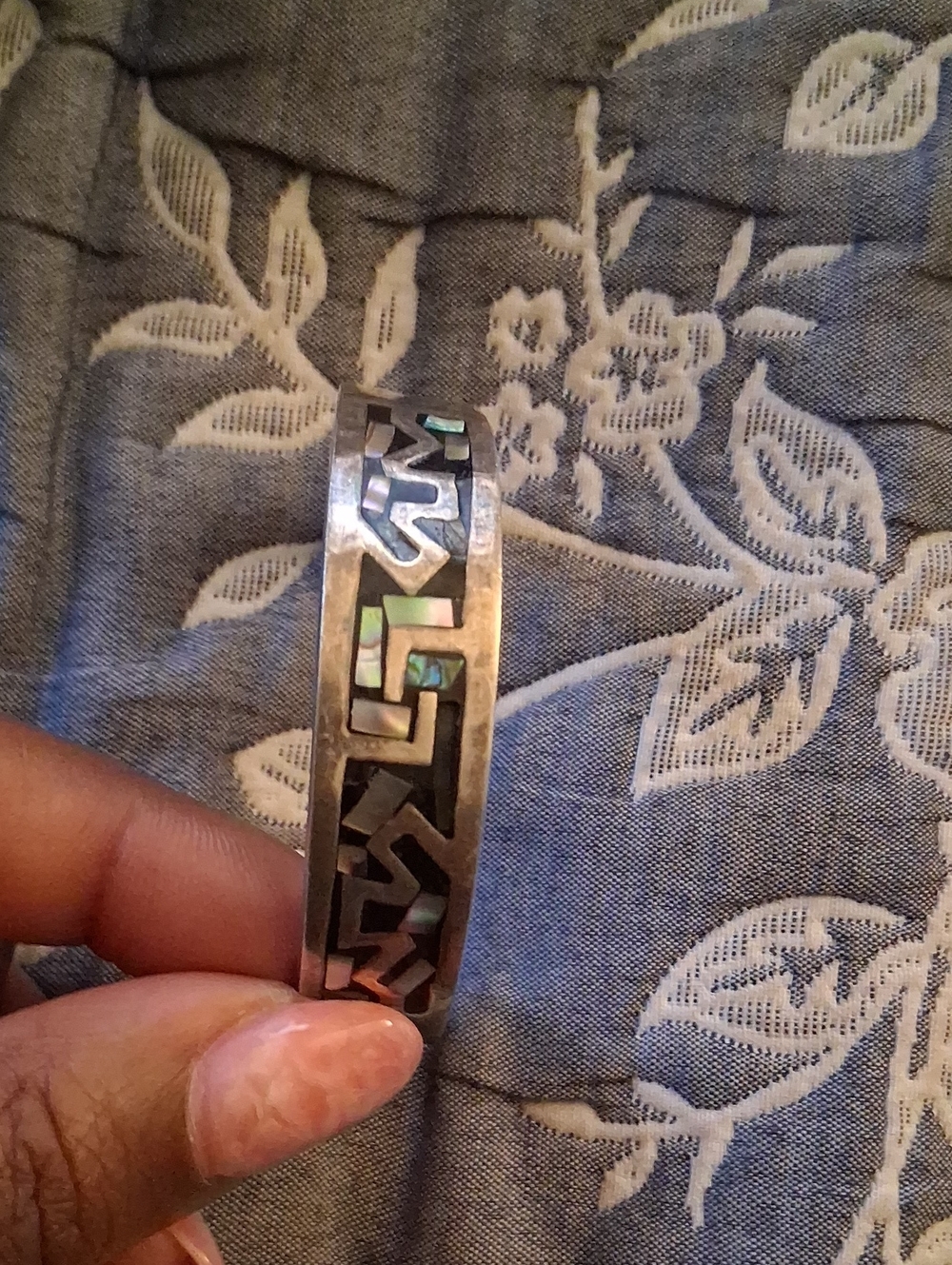 Sterling Silver Inlaid Abalone Geometric Bangle Bracelet - Silver